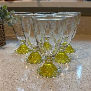 (6) Vintage Anchor Hocking Yellow Boopie Glasses - Etched Leaf